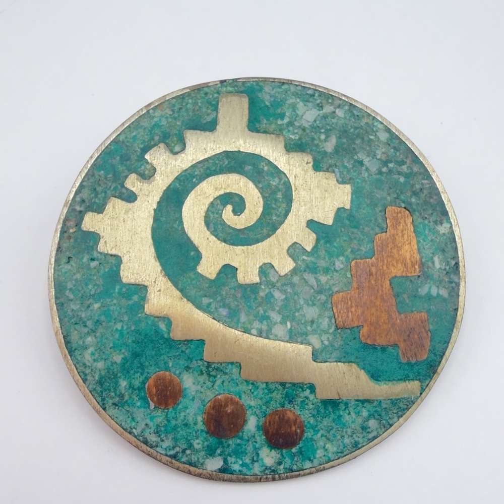 Vtg TAXCO Aztec Sterling Silver Pendant Brooch w/Crushed Turquoise Mexico CPR